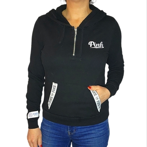 Pink by VS Quarter Zip Pullover Sweater Black Small Long Sleeve - Picture 1 of 4